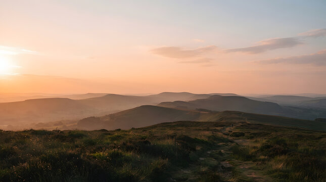 Scenic sunset over rolling hills with a tranquil atmosphere