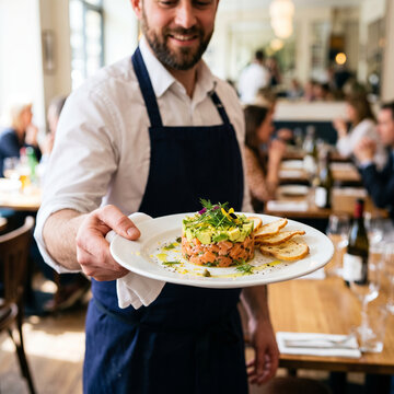 Serveur souriant pr&eacute;sentateur un plat de tartare de saumon &agrave; l'avocat dans un restaurant