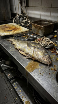 Poisson cabillaud entier frais pos&eacute; sur un plan de travail en cuisine inox
