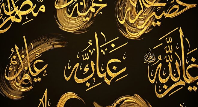 Arabic calligraphy golden letters set featuring elegant ornate script symbols on dark background for cultural religious design project backgrounds