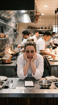 Chef cuisini&egrave;re la t&ecirc;te dans les mains observant la cuisine avec lassitude