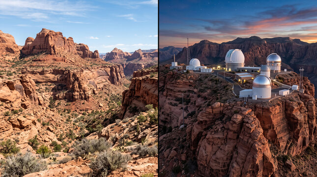 Comparaison entre paysage naturel de canyon et observatoire astronomique au sommet