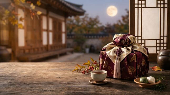 Elegant Korean traditional Chuseok Bojagi gift box with copy space