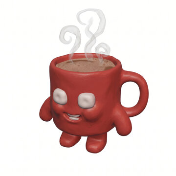 playful anthropomorphic red mug with arms and legs holding steaming coffee, glossy 3d render with smiling face and large eyes