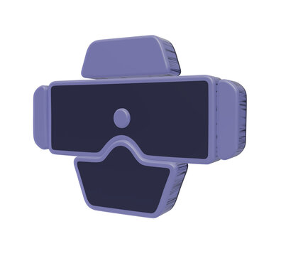 A3d rendered of a virtual reality headset in light purple and dark blue on a white background goggles