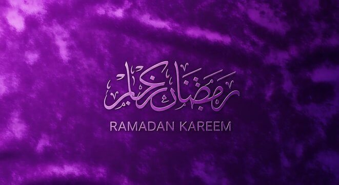 Ramadan Kareem calligraphy written in elegant arabic script on a vibrant purple textured background with soft artistic lighting effects