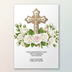 Fototapeta premium Elegant Gold Cross with White Roses First Communion Card.