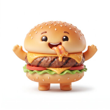 playful anthropomorphic hamburger with sesame bun holding a french fry, warm pastel lighting, cartoon 3d render