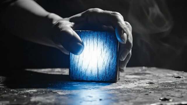 Mysterious Wooden Cube Emitting Bright Blue Light Held by a Hand, Atmospheric Drama