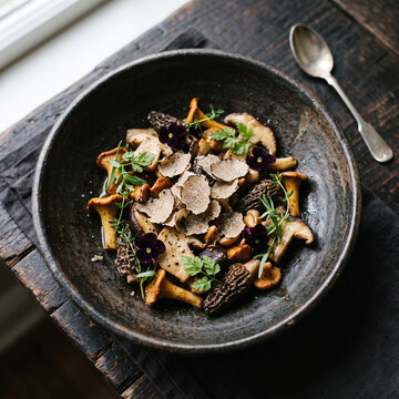 Plat gastronomique de champignons sauvages po&ecirc;l&eacute;s et lamelles de truffe fra&icirc;che