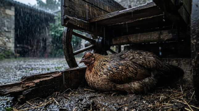 Poule de ferme se prot&eacute;geant sous une charrette en bois pendant une forte averse