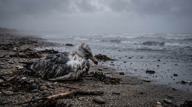 Oiseau marin mort &eacute;chou&eacute; sur une plage de galets sous un ciel d'orage
