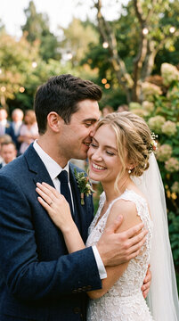 Mari&eacute;s souriants et enlac&eacute;s dans un jardin lors de leur c&eacute;r&eacute;monie de mariage