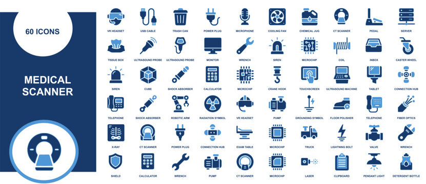 Comprehensive set of sixty blue medical equipment scanner and diagnostic technology icons for healthcare interface design