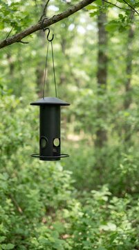 Black metal bird feeder hanging from a tree branch in a lush green forest.