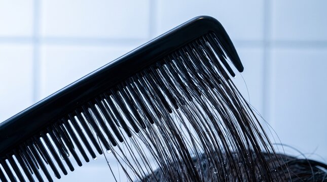 Black plastic comb styling wet dark hair in a bright bathroom environment close up.