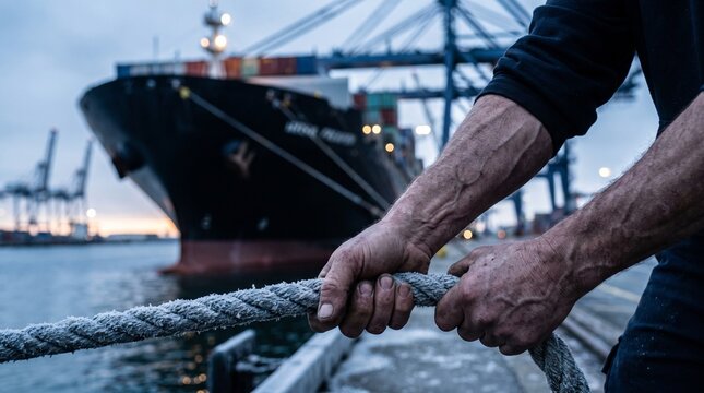 Close up of muscular hands pulling heavy rope at industrial harbor port with container ship.