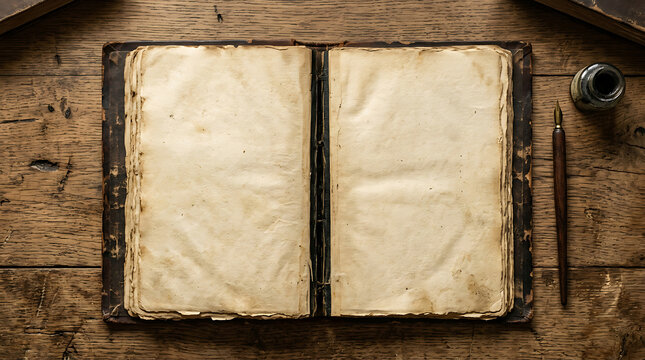 Open antique book with blank yellowed pages on a rustic wooden table with a vintage dip pen and inkwell