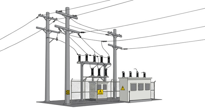 Electrical Distribution Substation with Utility Poles and Overhead Power Lines Technical Vector Illustration