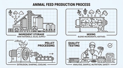Fototapeta premium Infographic illustration showing the complete step-by-step industrial animal feed manufacturing process