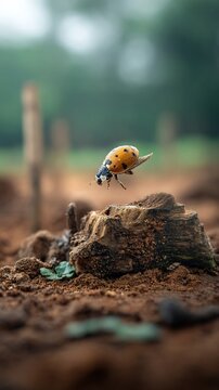 A ladybug in mid-air, flying away from a tree stump