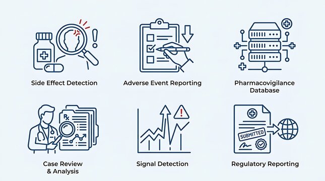 Drug Safety Monitoring and Adverse Event Reporting Healthcare Process Linear Icon Collection