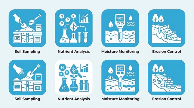 Soil quality testing and agricultural land management flat vector icons