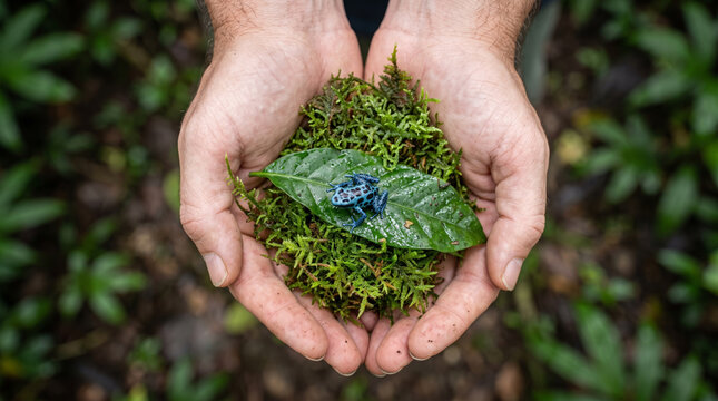 Hands holding a small blue poison dart frog on moss and leaf in a forest