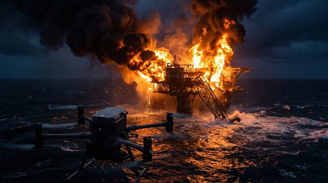 Oil platform burning fiercely with drone surveillance in stormy dark ocean, industrial accident monitoring.