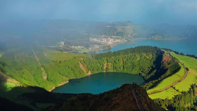 Aerial view of volcanic crater lakes Sete Cidades in Sao Miguel island Azores Portugal.