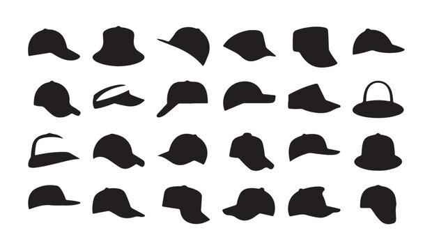 Headwear silhouettes icons set containing baseball caps bucket hats and visors for summer accessories.