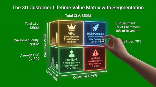 3D Customer Lifetime Value Matrix with Segmentation and Data Analytics Dashboard