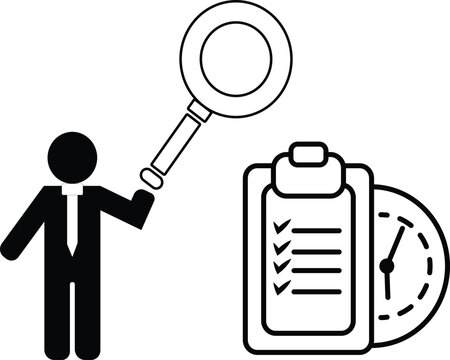 Business professional using a magnifying glass to review a checklist and clock, symbolizing productivity and time management in business operations and workflow analysis