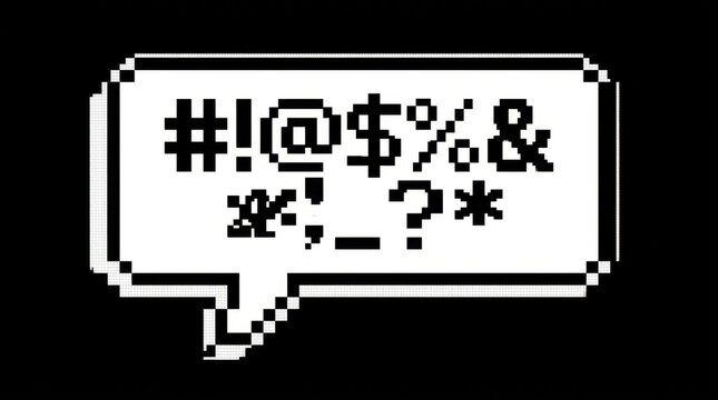 Pixel art speech bubble with various swear word symbols representing angry cursing or shouting in a retro game style