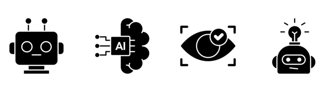 Robot AI icon set collection featuring humanoid head, cognitive brain, computer vision eye, innovation lightbulb, smart technology vector