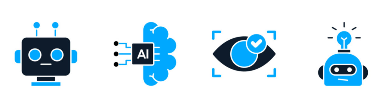 Smart technology icon set collection featuring robot head, AI brain, eye scan, robot lightbulb, futuristic digital intelligence vector illustration