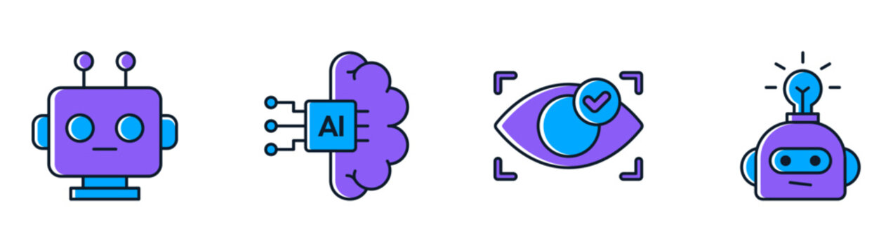 Futuristic AI icon set collection featuring robot face, cognitive brain, biometric eye scan, smart lightbulb, digital innovation vector