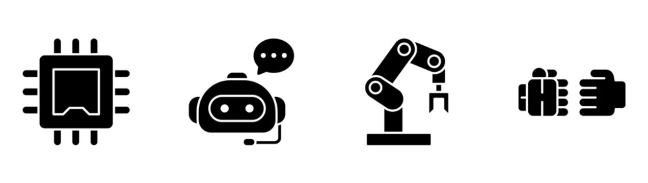 Chatbot robot arm icon set collection featuring computer chip, AI assistant, human robot interaction, automation, tech innovation vector