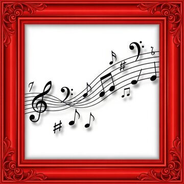 Elegant Musical Notes in Ornate Red Picture Frame.