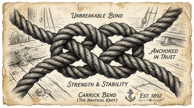 A detailed vintage illustration of a nautical carrick bend knot on a textured paper background with inspiring text