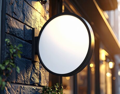 Empty circle wall mounted shop sign lightbox mockup on dark stone wall outdoors