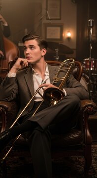 Elegant musician playing trombone in vintage lounge setting.