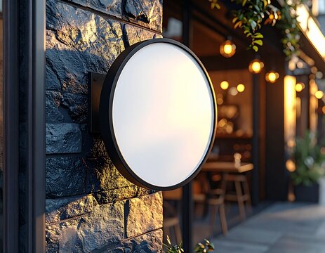 Round light box store sign board mockup mounted on stone building wall