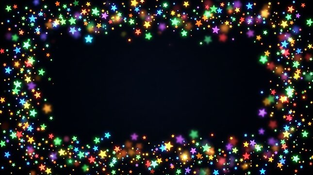 Colorful glowing stars frame on black background with bokeh effect