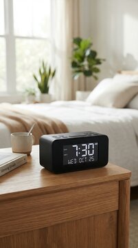 Digital alarm clock on wooden nightstand next to bed in bedroom.