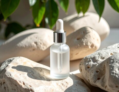 Glass pipette serum bottle mockup on textured rock podium with tropical plant shadows