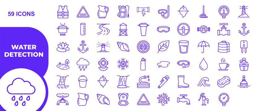 Collection of fifty nine outline icons focused on water detection and environmental protection system themes
