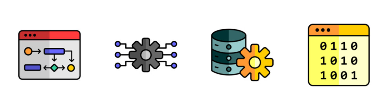 Digital process icon set collection featuring algorithm flowchart, machine learning curve, spinning gears, binary code stream, AI vector illustration