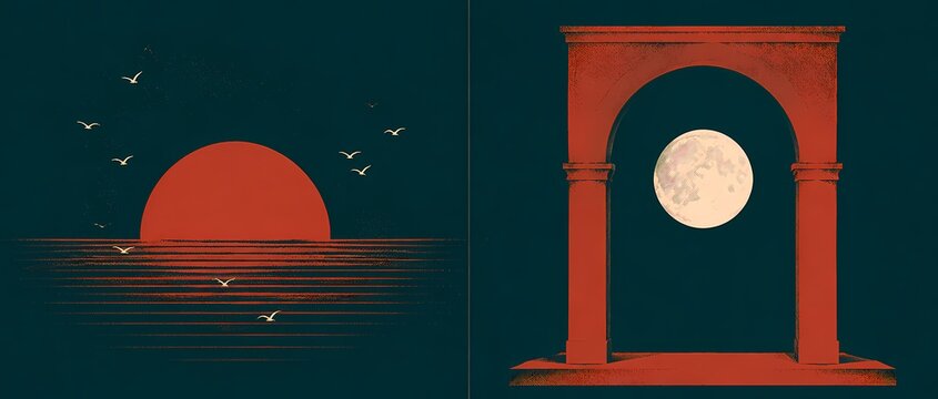 Vermilion Sun and Arch Diptych Wide Minimalist Cover Wallpaper