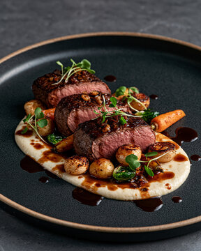 Exquisite fine dining venison loin with red wine reduction, root vegetable pur&eacute;e and elegant gourmet presentation.
